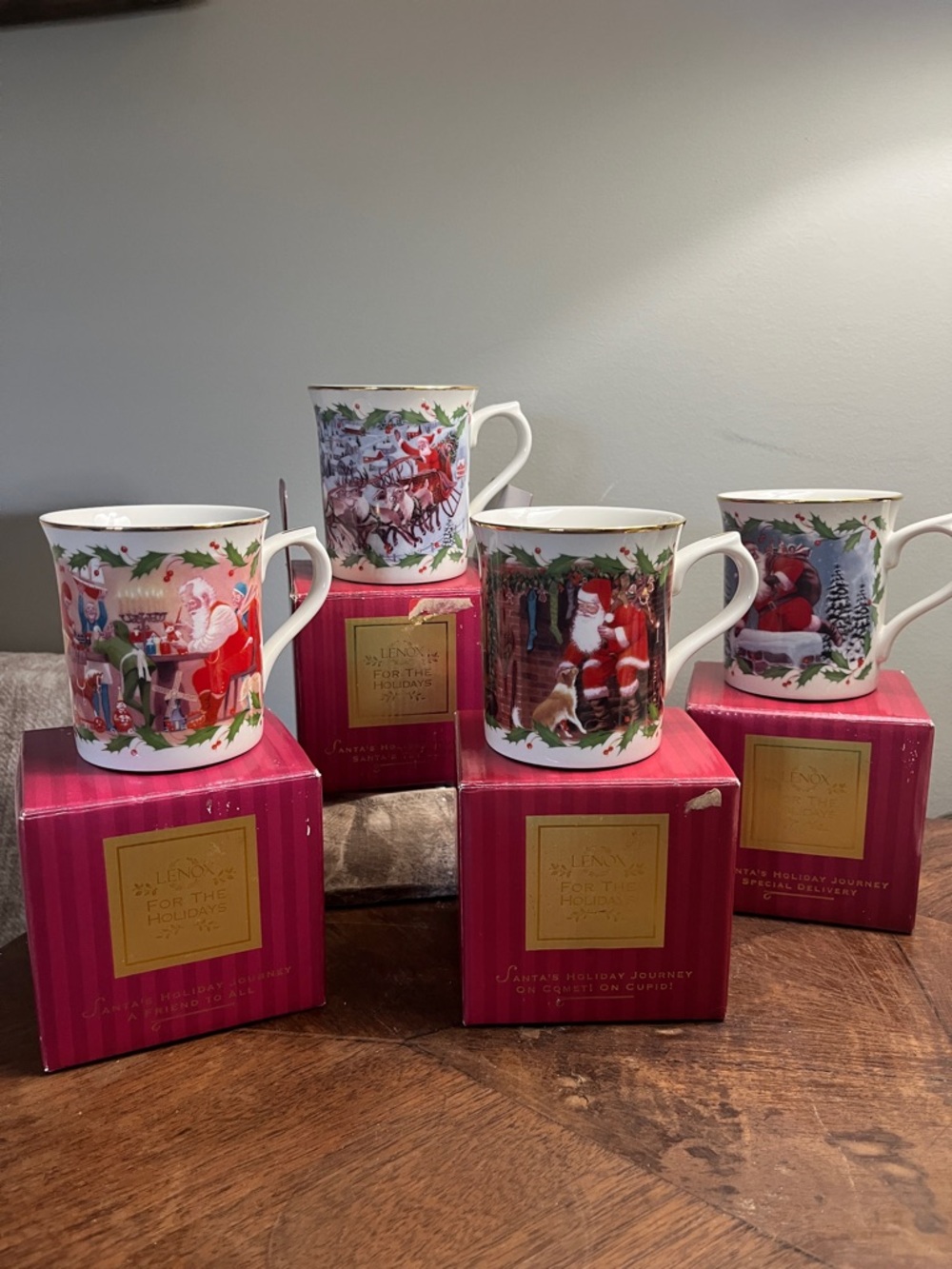 Lenox Holiday Journey Santa Mugs - White with Red, Green & Gold Accents set of 4